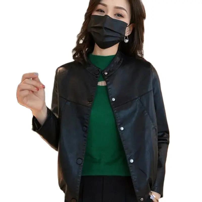 Black Short Leather Jacket Womens Coat 2022 Spring Autumn New Fashion Design Korean PU Leather Motorcycle Outerwear